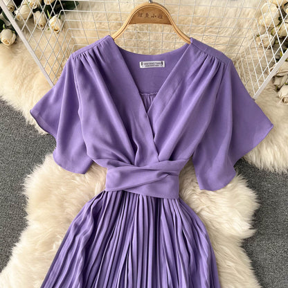 Chiffon Pleated Solid V-Neck Dress