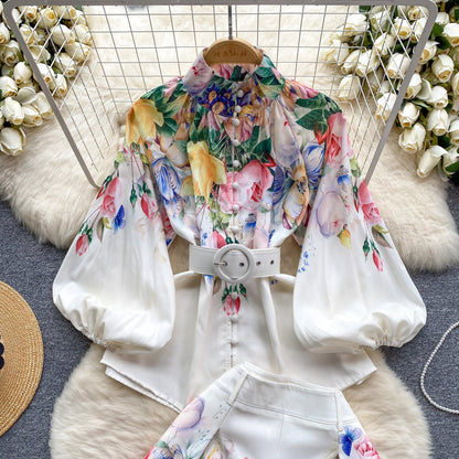 Courtly Floral Printed Shirt&Shorts 2Pcs