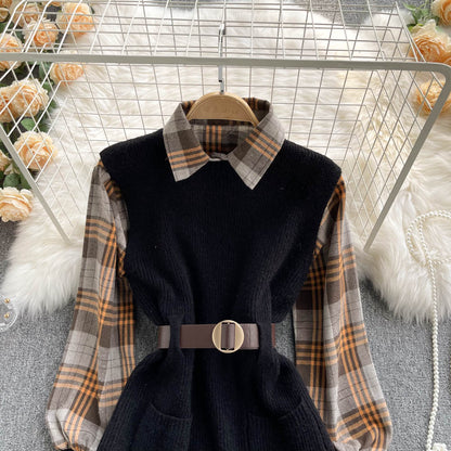 Two-piece Plaid Shirt & Knitted Sweater Vest