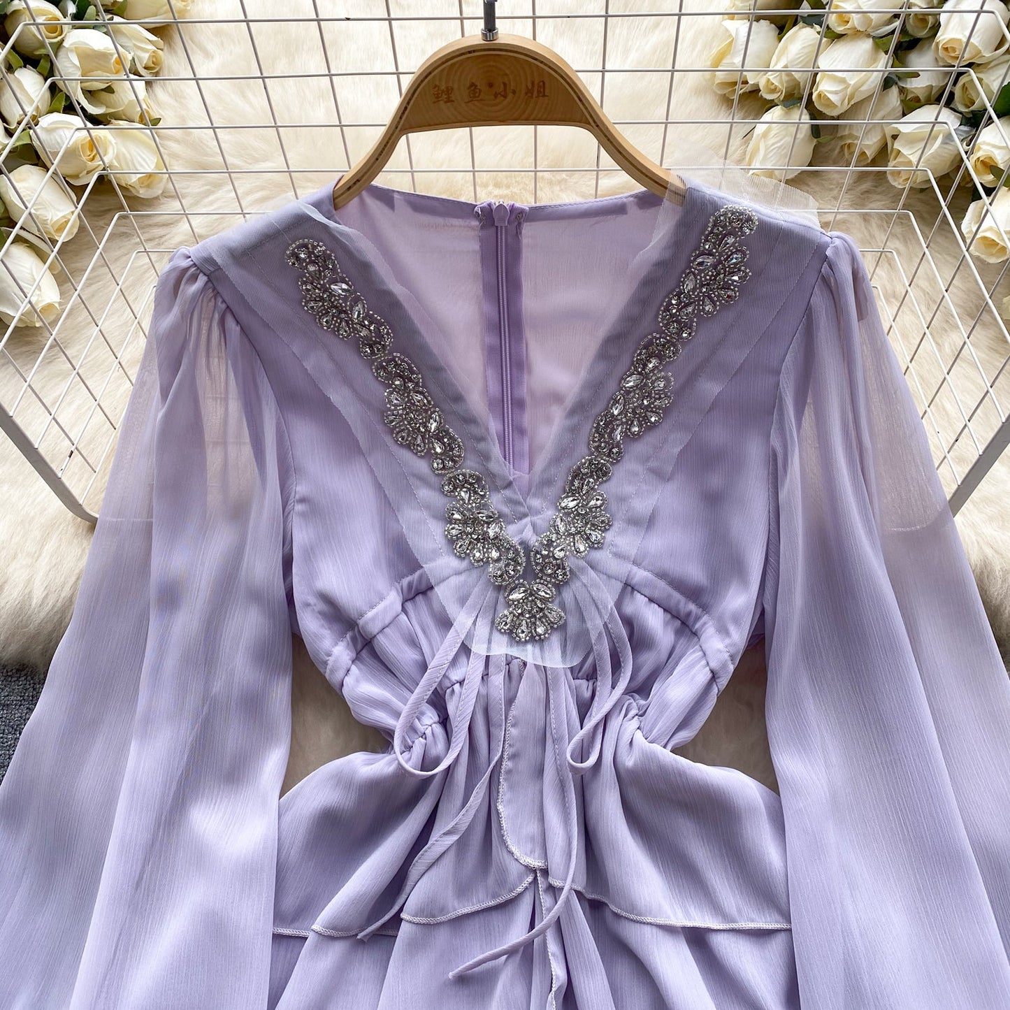 Beaded V-Neck Chiffon Evening Dress