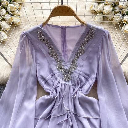 Beaded V-Neck Chiffon Evening Dress