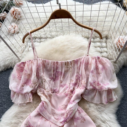 Sweet Irregular Design Pink Floral Dress