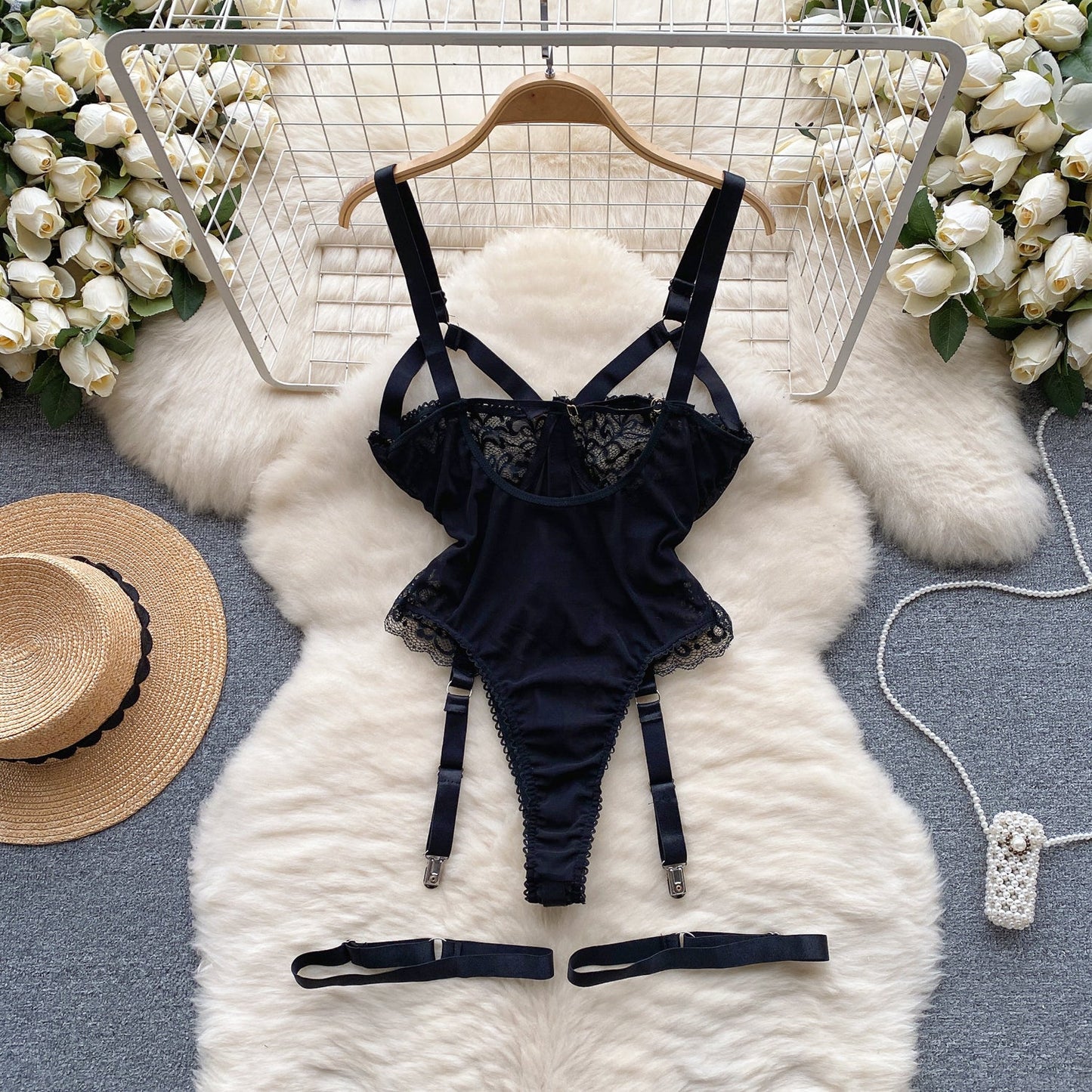Lace-up Mesh Black Lingerie Set