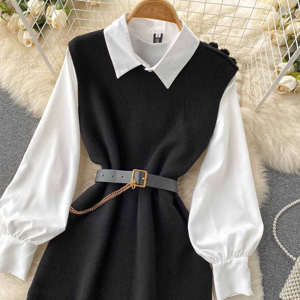 Niche White Shirt&Knitted Waistcoat Dress 2PCS