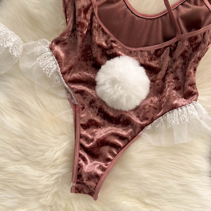 Sexy Pink Rabbit Girl Velvet Jumpsuit