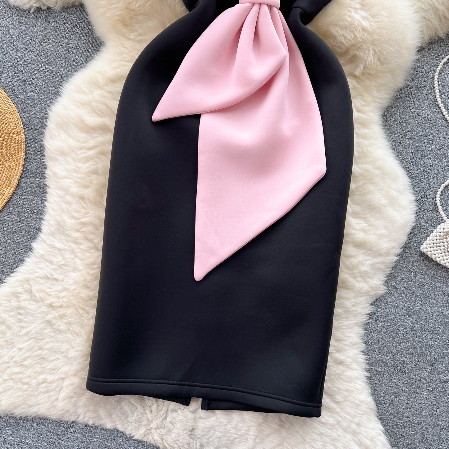 3d Pink Bow Split Black Dress