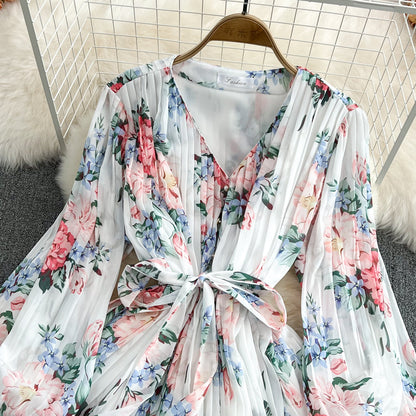 Neck Waist Print V-Neck Pleated Jumpsuit