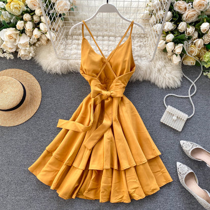 V-neck Halter Double-layer Ruffle Dress