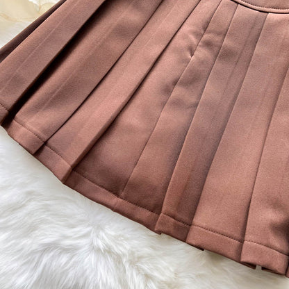 2pcs Bubble-sleeve Top with Pleated Skirt