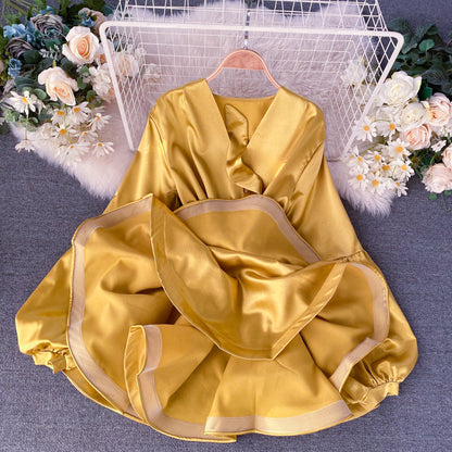 Satin Lantern Sleeve Ruffle Dress
