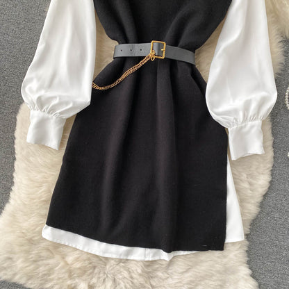 Niche White Shirt&Knitted Waistcoat Dress 2PCS