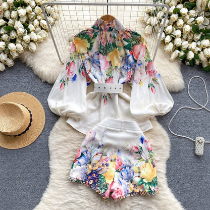 Courtly Floral Printed Shirt&Shorts 2Pcs