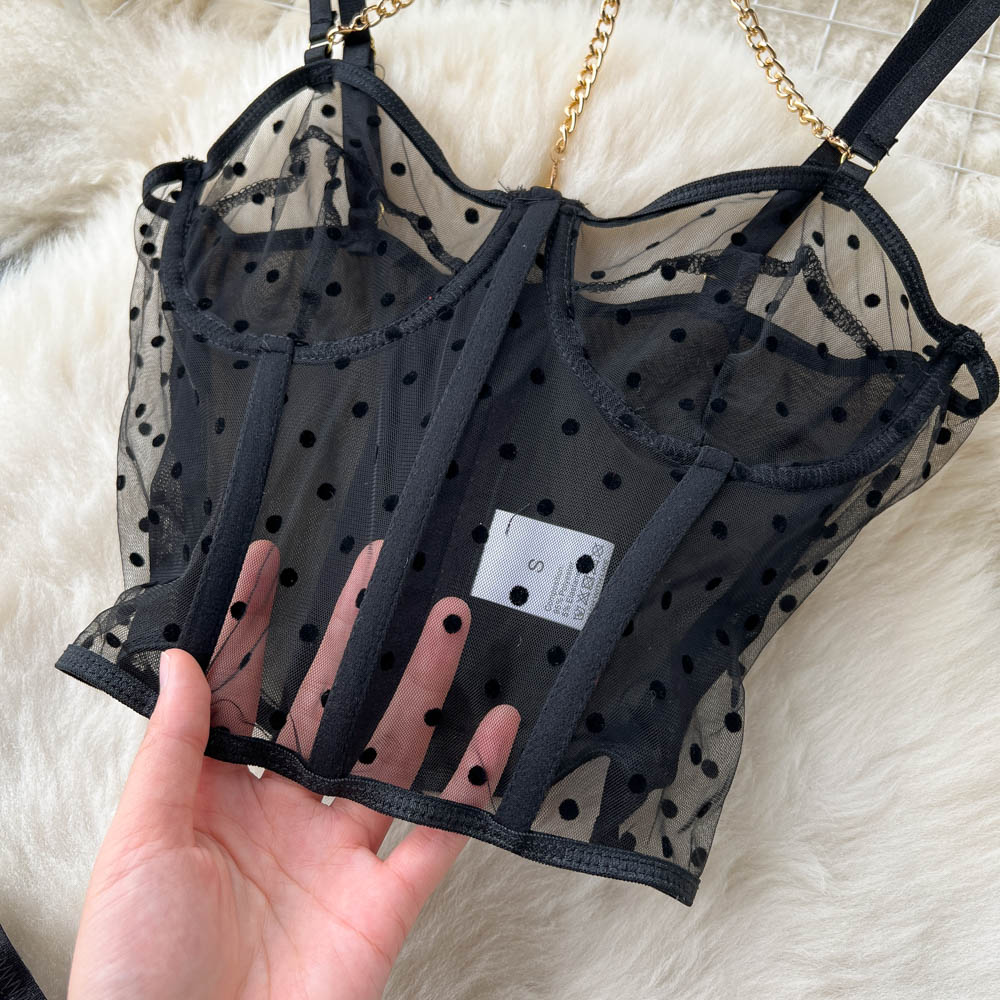 Black Mesh Polka-dot Lingerie 3Pcs