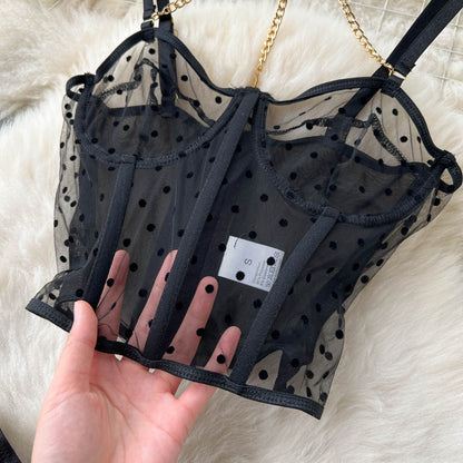 Black Mesh Polka-dot Lingerie 3Pcs