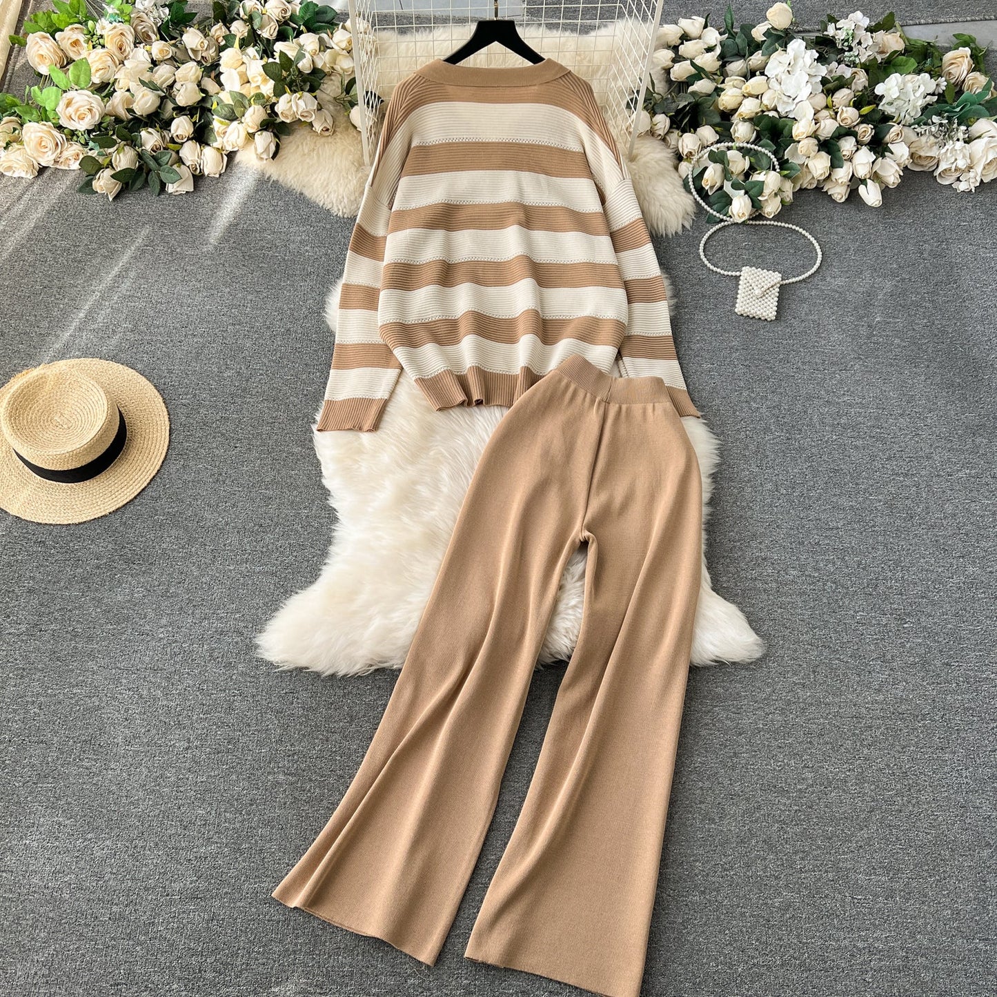 Striped Sweater&Wide-leg Pants 2Pcs