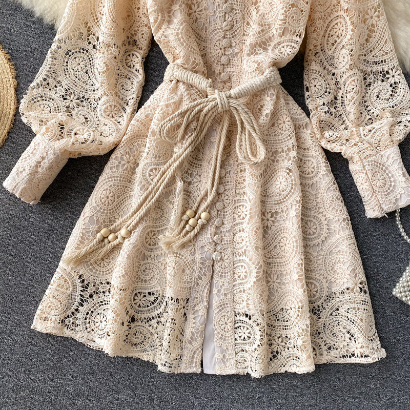 Lace Hollow Lantern Sleeve Stand Collar Embroidered Dress