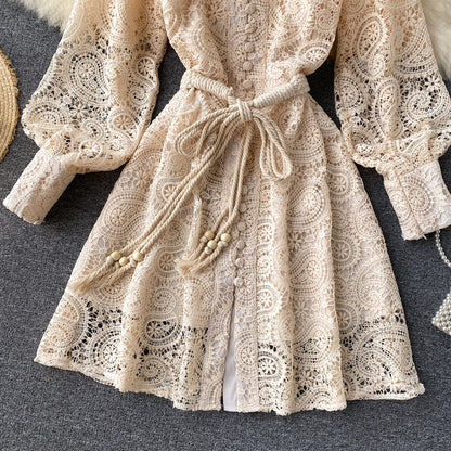 Lace Hollow Lantern Sleeve Stand Collar Embroidered Dress