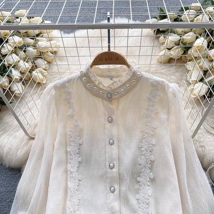 Courtly Long-sleeve Embroidery Lace Blouse