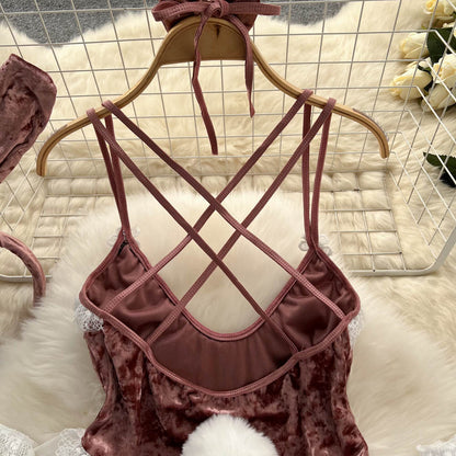 Sexy Pink Rabbit Girl Velvet Jumpsuit