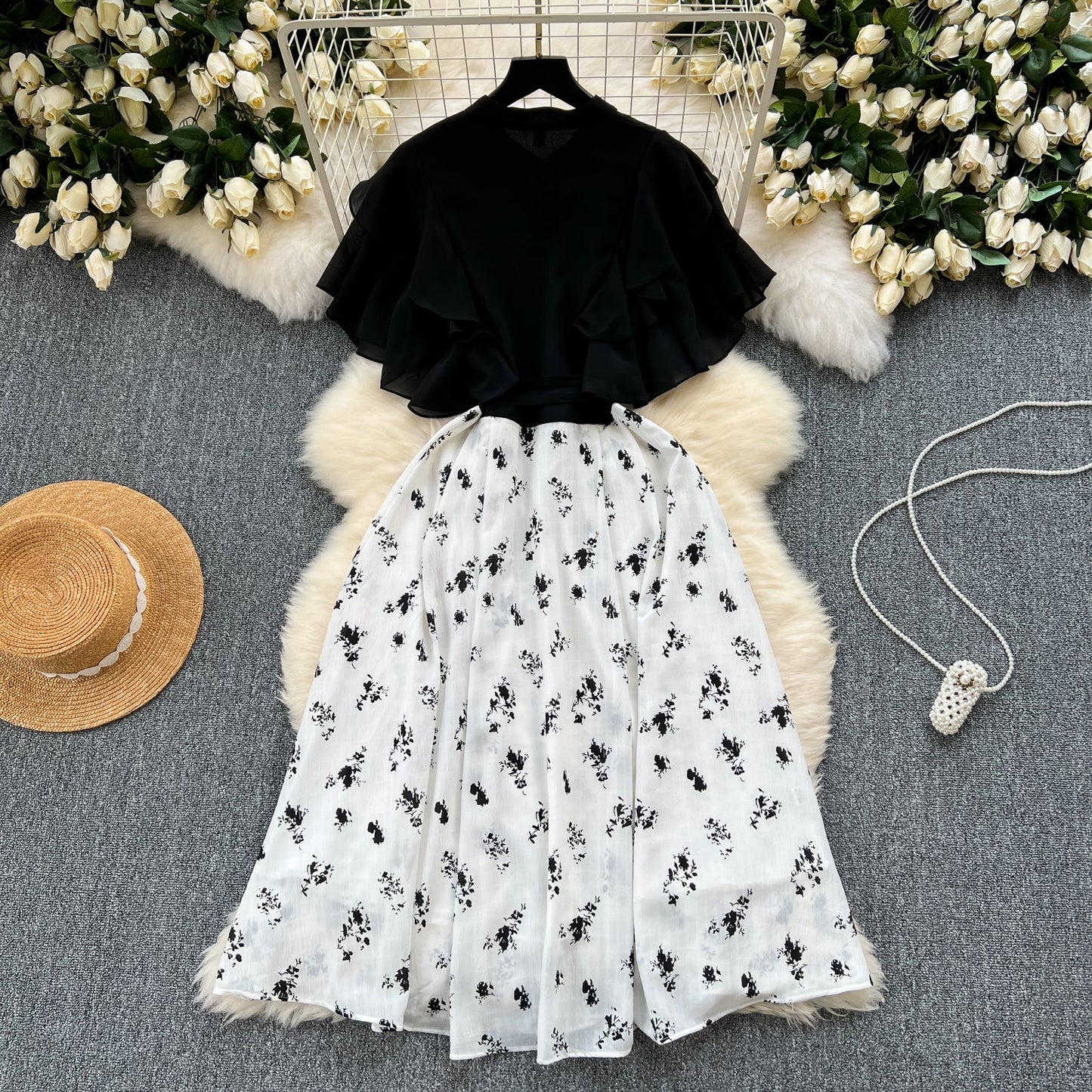Floral Patchwork Black Shirt Dress