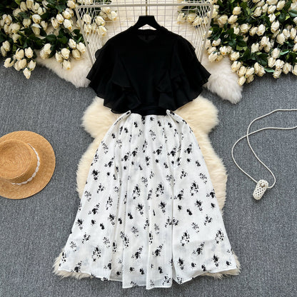 Floral Patchwork Black Shirt Dress