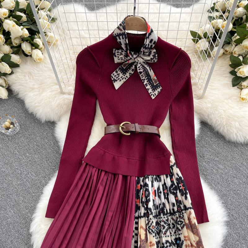 Knitted Long-sleeved Fake Two-piece Dress