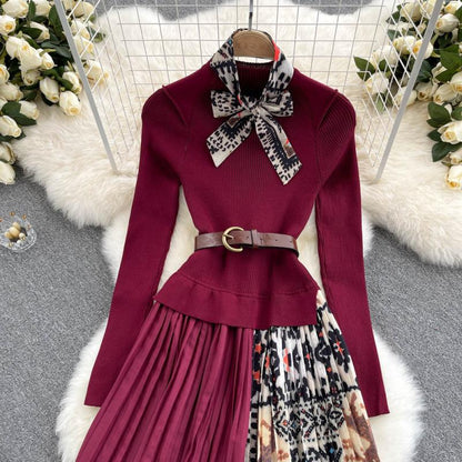 Knitted Long-sleeved Fake Two-piece Dress