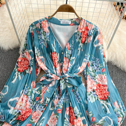 Neck Waist Print V-Neck Pleated Jumpsuit