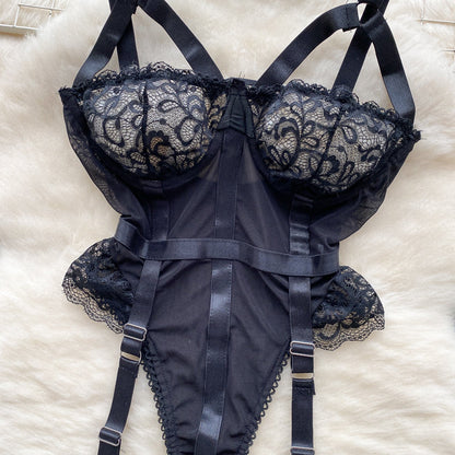 Lace-up Mesh Black Lingerie Set