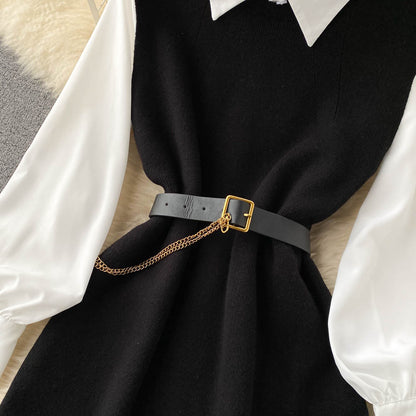 Niche White Shirt&Knitted Waistcoat Dress 2PCS