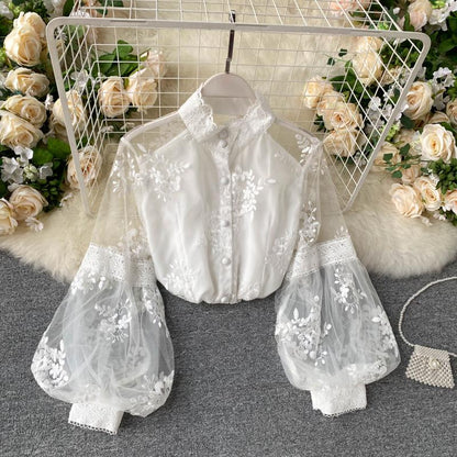 Mesh Lace Embroidered Puff Sleeve Shirt