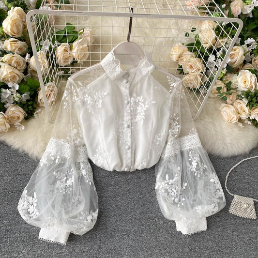 Mesh Lace Embroidered Puff Sleeve Shirt