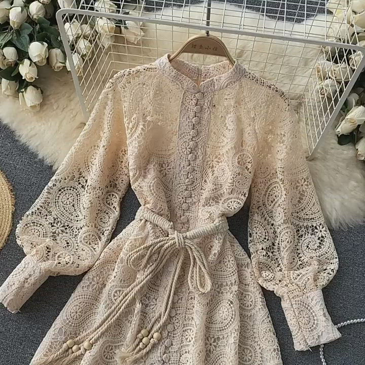 Lace Hollow Lantern Sleeve Stand Collar Embroidered Dress