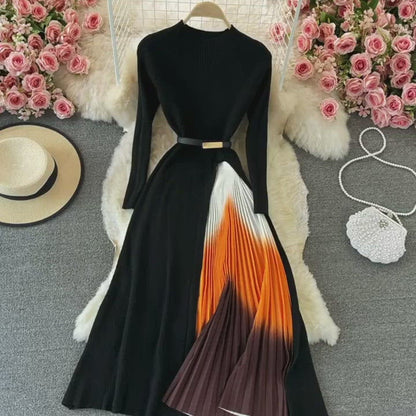Long Sleeve Knitted Pleated Dress