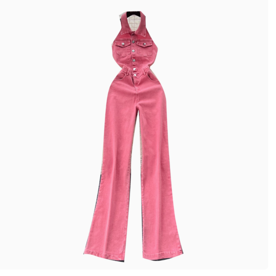 Backless Halter Denim Jumpsuit
