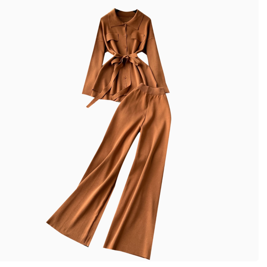 Tie Front Lounge Set Cozy Cardigan & Wide Leg Trousers