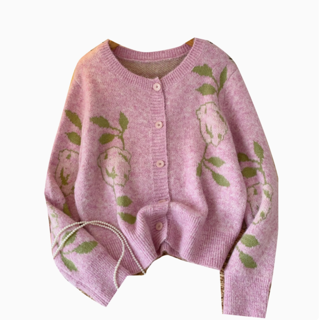 Round Collar Floral Embroidered Cardigan