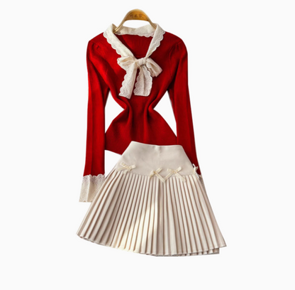 Lace Bow-tie Knitwear&Skirt Elegant 2Pcs