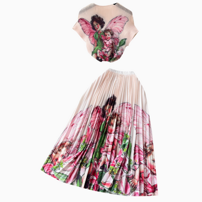 Printed Top&Pleated Skirt 2Pcs