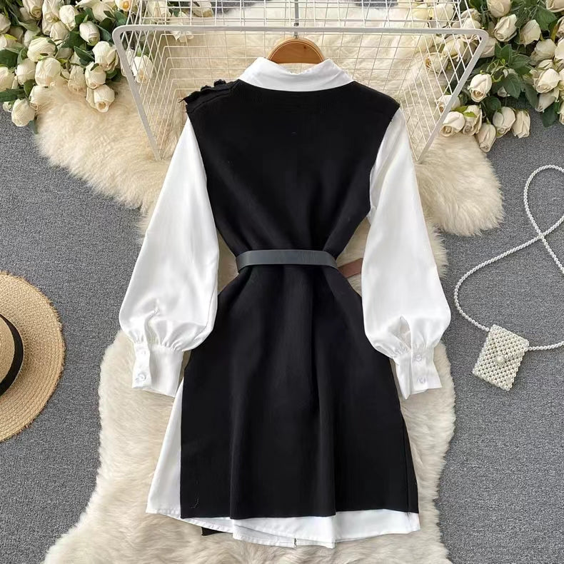 Niche White Shirt&Knitted Waistcoat Dress 2PCS