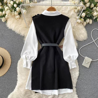 Niche White Shirt&Knitted Waistcoat Dress 2PCS