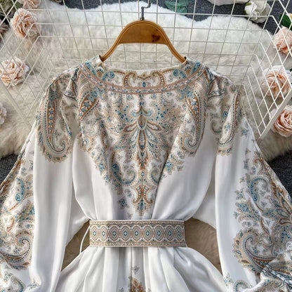 Ethnic Style Floral Belted Dress