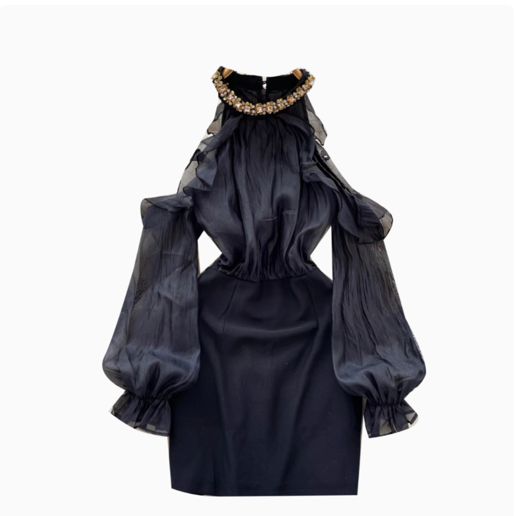 Parisian Black Beaded V-Neck Dress