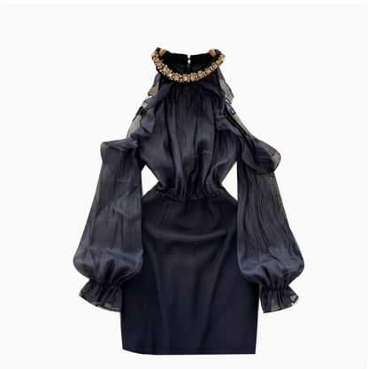 French Style Beaded Neckline Black Dress