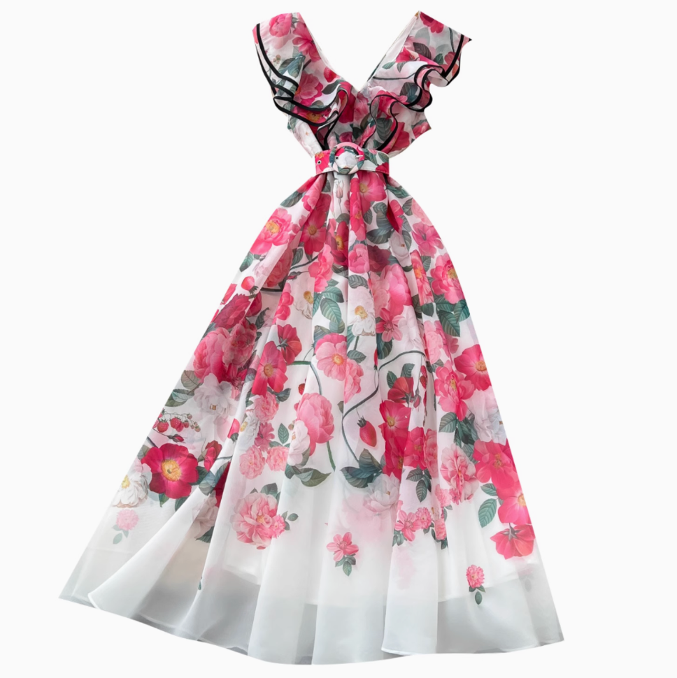 Blossom Cascade V-Neck Ruffles Dress