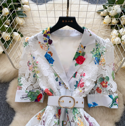 Suit Collar Floral Dress with Belt