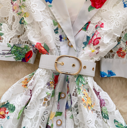 Suit Collar Floral Dress with Belt