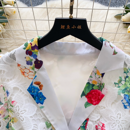 Suit Collar Floral Dress with Belt