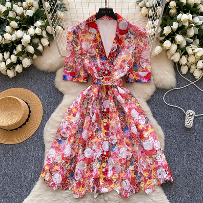 Suit Collar Floral Dress with Belt
