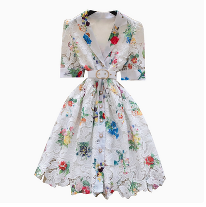 Suit Collar Floral Dress with Belt